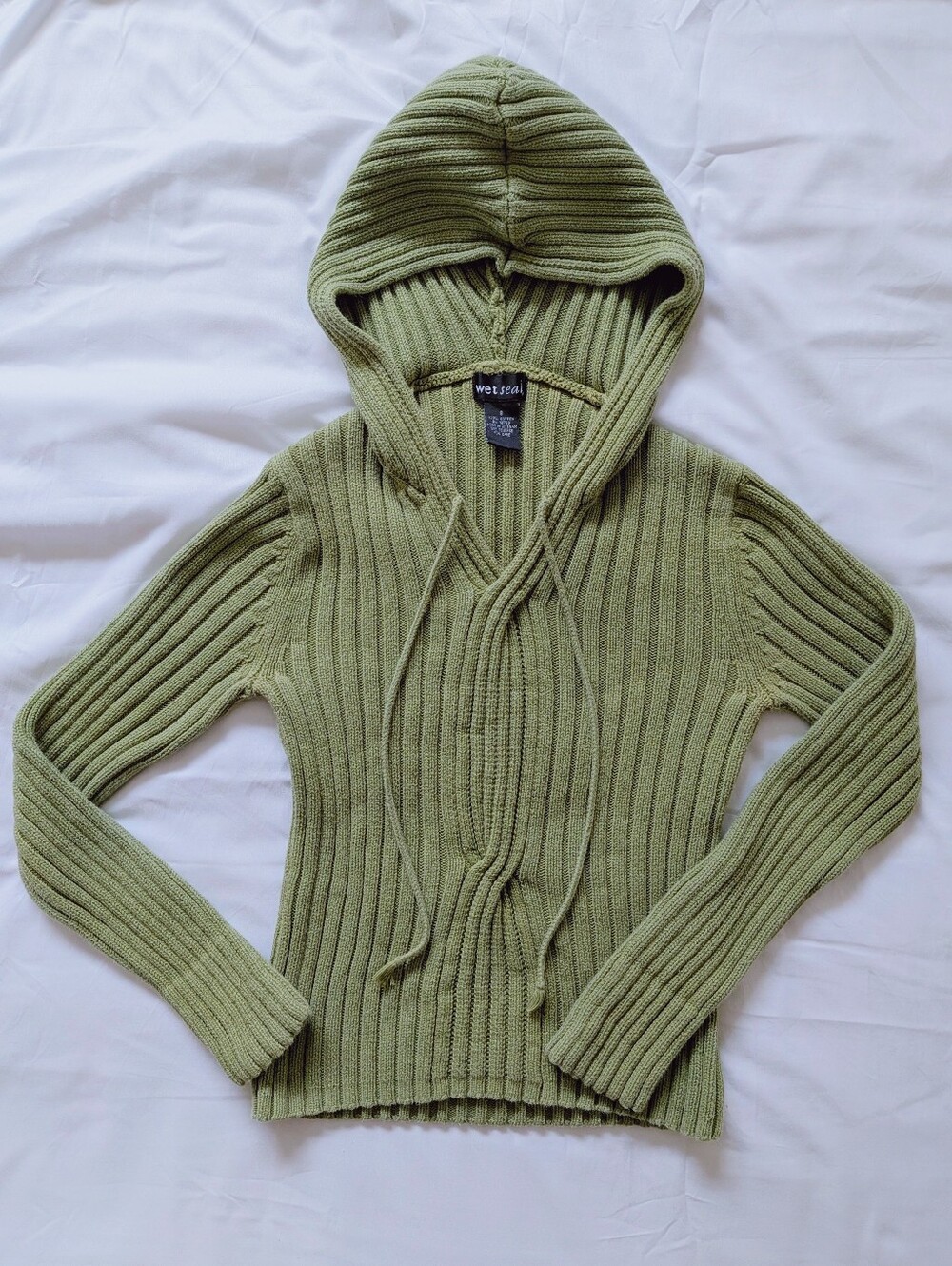 Y2K Sage Cotton Ribbed V-Neck Hooded Sweater
